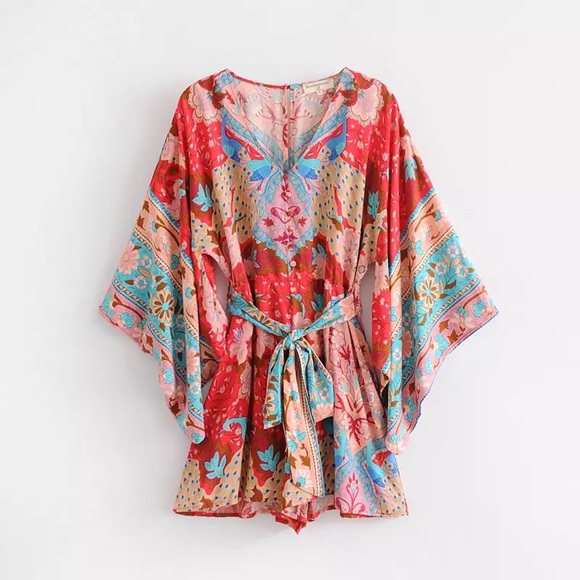 Black Fox Charm Pants - NEW Sexy Peacock Red Boho Lotus Kimono Romper
